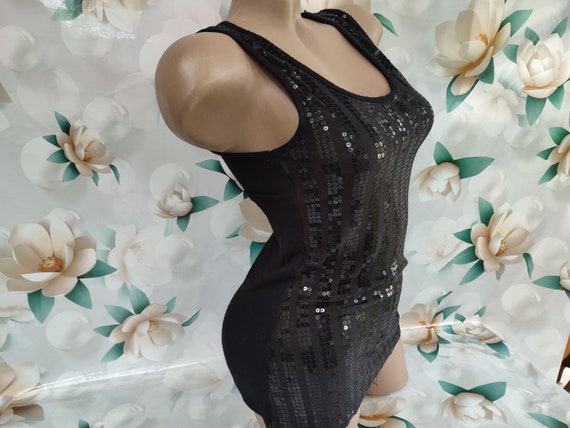 90s Vintage women's black glitter top with sequin… - image 6