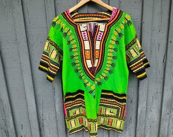 90s Vintage Cotton Women's Neon Abstract Hippie Tunic With Pockets Half Sleeve. Size XL-2XL.