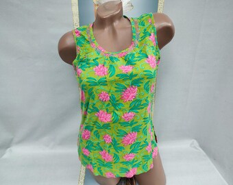 90s Cotton Women's Green Floral Top Sleeveless. Size S.