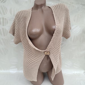 90s Vintage Beige Knitted Bolero Thick Knit Short Sleeve. Size L.