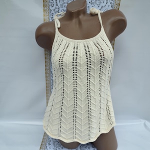 90s Vintage Cotton Women's White Knitted Tank Top Open Neck. Size S-M.