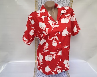 Jaren 90 vintage rode bloemenblousekraag dames met korte mouw. Maat S-M.