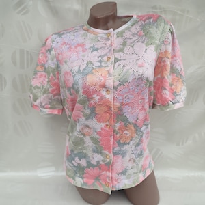 90s Vintage France Women Floral Knit Top/Tee Button Short Sleeve. Size L.