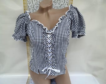 90s Vintage Checkered Crop Blouse: Off-Shoulder Ruffle Puff Sleeve
