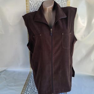 90s Vintage Women&#39;s Brown Velvet Zip Up Vest Collar Pockets. Size XL.