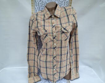 90s Vintage Cotton Women's Black Cream Blue Check Shirt Long Sleeve. Size S.