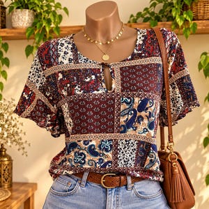 Könnte beinhalten: Eine kurzärmelige Bluse mit einem mehrfarbigen Patchwork-Muster aus Paisley- und Blumenmotiven, einem Rundhalsausschnitt mit kleinem Schlüsselloch-Ausschnitt, einer hellblauen Jeans, einem geflochtenen braunen Ledergürtel und einer braunen Ledertasche.