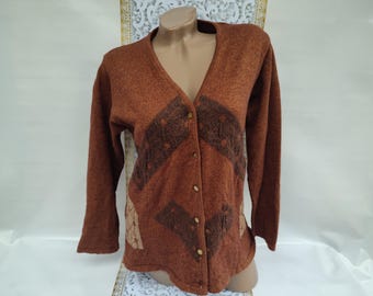 90s Vintage Wool Cardigan: Brown Geometric Print, Size M