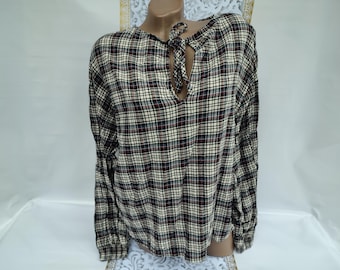 90s Vintage Women's Check Blouse Tie Long Sleeve. Size XL-XL.