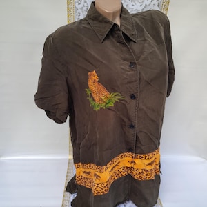 90s Vintage Cupro Women&#39;s Dark Brown Animal Print Blouse Collar Short Sleeve. Size L-XL.