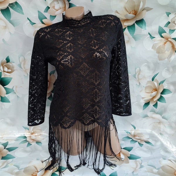 90s Vintage women's black lace top with long fringe long sleeve. Size XS-S.