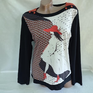 90s Vintage Womens Black Geometric Blouse/Top Girl Print Long Sleeve. Size M.