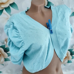 90s Vintage women&#39;s mint cropped bolero puffy short sleeve. Size S-M.