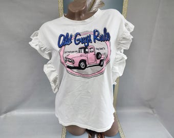 90s Cotton Women's White Printed Top Ruffle Sleeveless. Size M.
