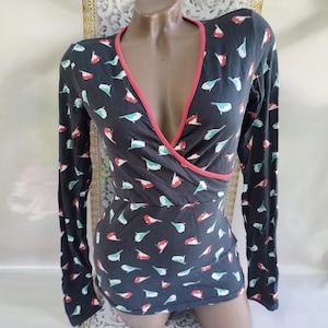 90s Vintage Cotton Women&#39;s Fake Wrap Top Birds Print Long Sleeve. Size XS-S.