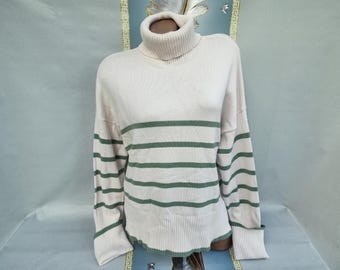 90s Damen Weiß Mint Gestreifter Stehkragen Rollkragenpullover. Größen M-L.