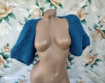 90s Vintage Women's Turquoise Knitted Cropped Bolero Oversized Short Sleeve. Size L-XL.