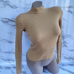 90s Vintage Viscose Women&#39;s Beige Ribbed Top/Turtleneck Long Sleeve. Size XXS-XS.
