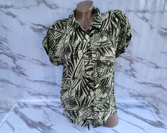 90er Jahre Vintage Damen Viskose Grün Hawaii Bluse Kurzarm. M Größe.