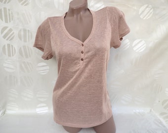 Top/T-shirt da donna vintage anni '90 in viscosa beige con scollo a V e maniche corte. Taglia M.