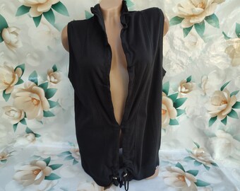 90s Vintage Cotton Women Black Streetwear Vest With Ruffle Collar V-neck Size XL.
