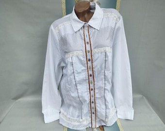 90s Cotton Women's White Formal Long Sleeve Blouse. Sizes 2XL-3XL.