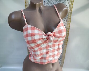 90s Vintage Cotton Women's Pink Check Crop Top Open Neck Tank Top. Size XS-S.