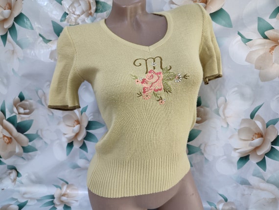 90s Vintage Womens Olive Knitted Top/Tee Floral E… - image 6
