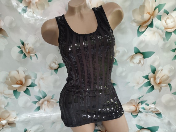 90s Vintage women's black glitter top with sequin… - image 3