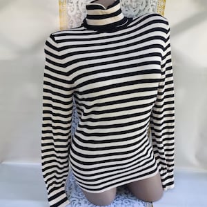 90s Vintage Striped Ribbed Turtleneck: Black & White Viscose, Size S-M