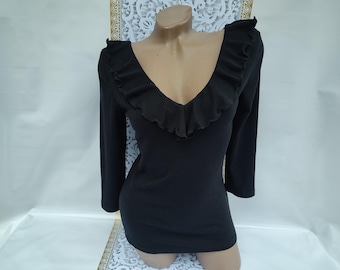 90s Vintage Womens Black Ribbed V-neck Top Button 3/4 Sleeve. Size