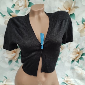 90s Vintage Womens Black Shiny Crop Bolero Short Sleeve. Size S-M.