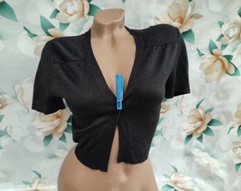 90s Vintage Womens Black Shiny Crop Bolero Short Sleeve. Size S-M.