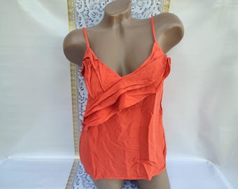 90s Vintage India Viscose Women's Terracotta Ruffle Tank Top Open Neck. Size S-M.