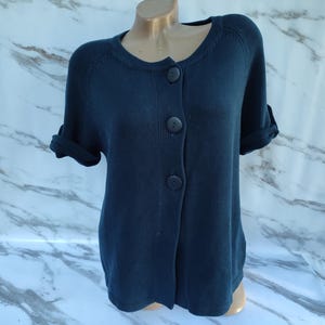 90s Vintage Cotton Women&#39;s Blue Short Knit Cardigan Button Down Short Sleeve. Size M.