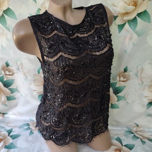 90s Vintage Womens Black Lace Top/Tee Embroidery Sequins Sleeveless Open Back. Size M.