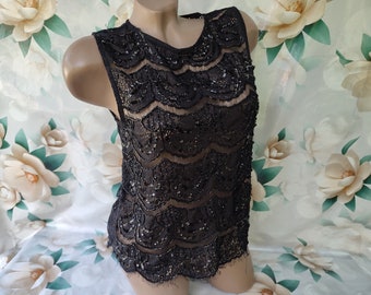90s Vintage Womens Black Lace Top/Tee Embroidery Sequins Sleeveless Open Back. Size M.