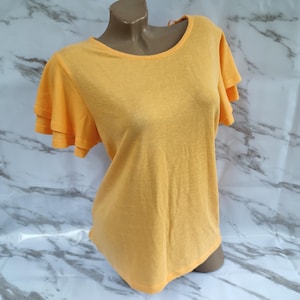 90s Vintage Viscose Women Yellow Top Short Ruffle Sleeve. Size M.