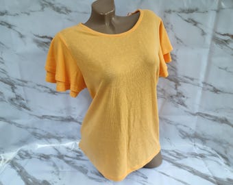 90s Vintage Viscose Women Yellow Top Short Ruffle Sleeve. Size M.