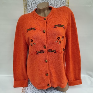 90s Vintage Wool Women&#39;s Orange Cardigan Floral Embroidery. Size L-XL.