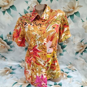 Blusa/camisa de algodón vintage de los años 90 para mujer, con estampado de jungla, manga corta. Tallas L-XL.