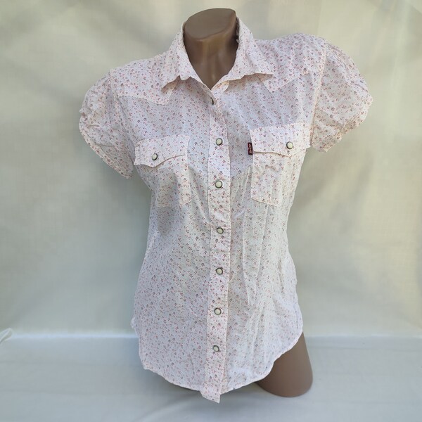 90s Vintage Cotton Women White Floral Boho Blouse/Shirt Short Sleeve. Size M.