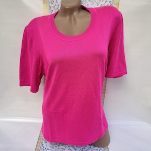 90s Vintage Cotton Women&#39;s Pink Fine Knit Top Short Sleeve. Size L-XL.