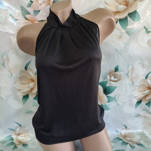 90s Vintage Women&#39;s Black Shiny Top Collar Off Shoulder. Size S-M.