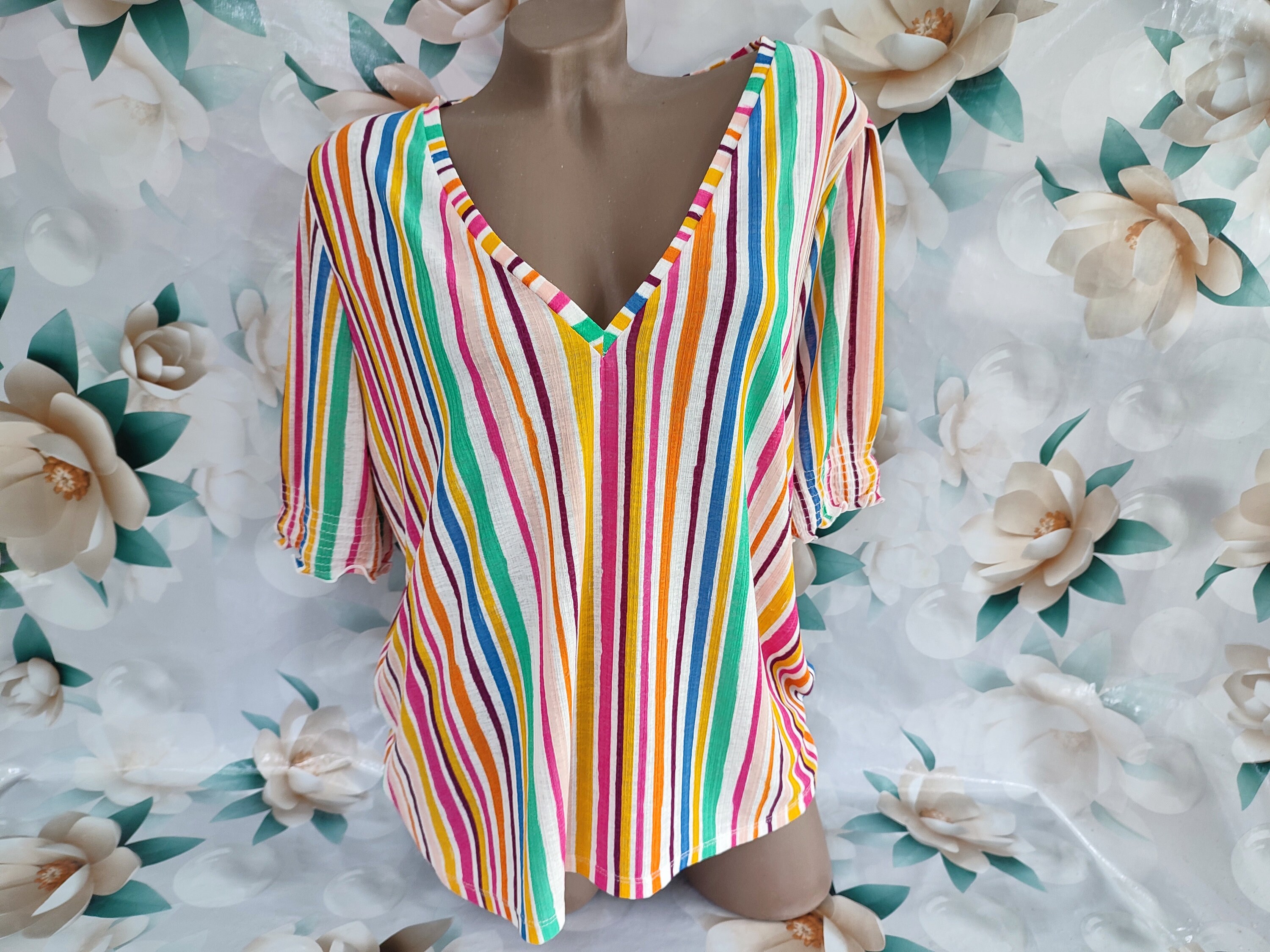 90s Vintage Rainbow Striped Top: Hippie Oversized Short Sleeve (L-XL)