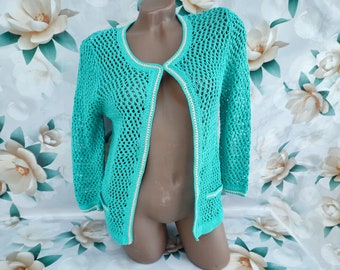 90s Vintage Women's Green Cardigan Mesh Eyelet Long Sleeve. Size S-M.