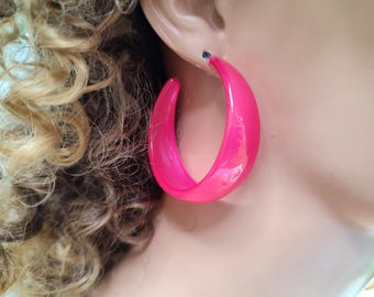 90s Bright Pink Hoop Earrings Retro.