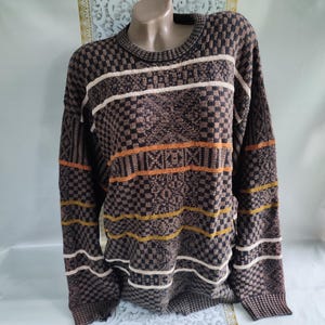 90er Vintage Alpaka Wolle Opa Braun Geometrische Pullover/Pullover Langarm. Größe XL-2XL.