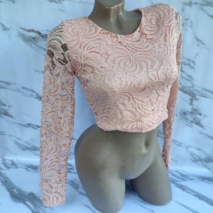 90s Vintage Women Pink Lace Crop Top Long Sleeve. Size XS.