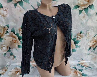 90s Vintage women's black lace bolero/cardigan with eyelets. Size S-M.
